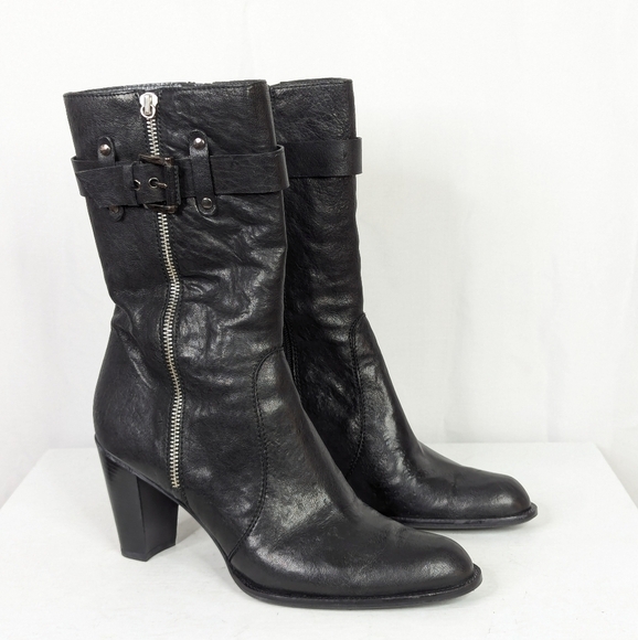 Stuart Weitzman Black Leather Heeled Midcalf Moto Boots - Picture 1 of 9